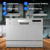 A silver countertop dishwasher is shown in the foreground, with a blurred kitchen background. Text overlays highlight product features. Produktbild-Vorschau