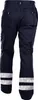 A pair of dark blue work pants with reflective stripes on the lower legs, shown from the back. Produktbild-Vorschau
