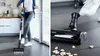 A split image showing a person using a cordless vacuum cleaner in a kitchen and a close-up of the vacuum cleaner head on a floor with debris. Produktbild-Vorschau