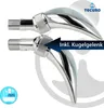 Two chrome shower heads with threaded connectors, one with an arrow pointing to it indicating a ball joint. Produktbild-Vorschau