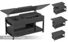 A collage of images showing a black lift-top coffee table from different angles and in different configurations. Produktbild-Vorschau