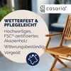 A wooden garden chair is shown with marketing text and a logo. Produktbild-Vorschau
