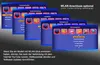 Multiple screens of a TV receiver's menu interface are displayed in a layered perspective, with text overlays explaining features. Produktbild-Vorschau