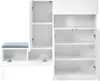 An open white shoe cabinet with a built-in bench and cushion. Náhľad obrázku produktu