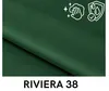 A close-up of green velour fabric, likely representing the upholstery of a bed, with marketing icons indicating ease of cleaning and water resistance. Produktbild-Vorschau