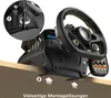 A racing wheel and pedal set mounted on a desk, with close-up insets showing mounting details. Podgląd zdjęcia produktu