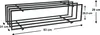 A black metal shoe rack with two shelves, shown from a slightly elevated angle with dimensions indicated by text and arrows. Náhled obrázku produktu