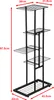A black metal plant stand with four shelves, shown with dimensions indicated by red lines and text. Produktbild-Vorschau