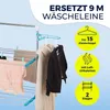 A drying rack with clothes hanging on it, with marketing text and icons highlighting features. Voir les images du produit