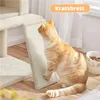 A ginger cat is scratching a beige scratching board attached to a cat tree, with a bowl of cat food in the background. Produktbild-Vorschau