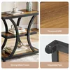 A collage of images showcasing a 3-tier side table with a rustic brown finish and black metal frame, highlighting its features like thickened MDF, strong metal frame, and adjustable feet. Produktbild-Vorschau
