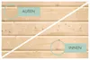 A close-up of wooden planks, divided diagonally by a white line. The top section is labeled 'AUSSEN' (outside) and the bottom section is labeled 'INNEN' (inside), with circles highlighting specific areas on each side. Produktbild-Vorschau