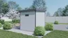 A modern garden shed is shown in a landscaped yard with bushes, gravel, and a fence in the background. Produktbild-Vorschau