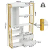 A diagram of a white bookshelf with gold accents, showing dimensions and features. Podgląd zdjęcia produktu
