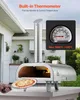 An outdoor pizza oven with a pizza being placed into it, with text highlighting its features. Produktbild-Vorschau
