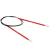 A pair of red circular knitting needles with a black cable, isolated on a white background. Produktbild-Vorschau