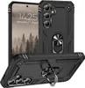 A black protective phone case with a ring holder, shown from multiple angles, with a phone inside one of the cases. Produktbild-Vorschau