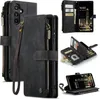 Collage of a black leather wallet-style phone case with a zipper and card slots, shown from different angles and with a phone inside. Produktbild-Vorschau