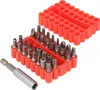 A set of screwdriver bits and a magnetic bit holder are neatly arranged in red plastic holders against a white background. Anteprima dell’immagine prodotto