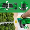 A person is using a hedge trimmer to trim a bush. The image also shows close-ups of the hedge trimmer's features. Podgląd zdjęcia produktu