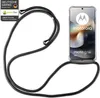 A Motorola smartphone with a clear case and a black lanyard is displayed against a white background. There are also marketing labels in the top left corner. Produktbild-Vorschau