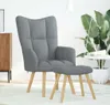 A grey armchair and ottoman are placed in a well-lit room with a large plant and a floor lamp. Podgląd zdjęcia produktu