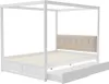 A white canopy bed frame with a beige upholstered headboard and two storage drawers underneath. Produktbild-Vorschau