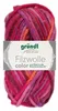 A ball of multi-colored yarn with a product label. Produktbild-Vorschau