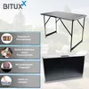 Collage showcasing a folding table and its features, set against a blurred outdoor scene. Produktbild-Vorschau