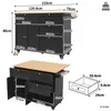 Two views of a black kitchen island with a wooden countertop, with dimensions and measurements indicated. Podgląd zdjęcia produktu