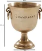 A golden champagne cooler with handles and the word "CHAMPAGNE" embossed on it, shown with dimensions indicated. Produktbild-Vorschau