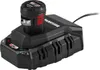 A black battery charger with a black battery inserted, shown from a diagonal angle on a white background. Produktbild-Vorschau