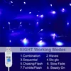 A close-up of blue LED string lights with a USB connector and text describing working modes. Produktbild-Vorschau