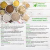 A flat lay of various grains and seeds in bowls, with text describing their nutritional benefits. Produktbild-Vorschau