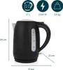 A black electric kettle with dimensions and feature icons displayed. Produktbild-Vorschau