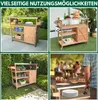 Collage of four images showing a wooden serving cart/grill station in different outdoor settings and configurations, with some lifestyle shots. Produktbild-Vorschau