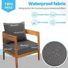 A dark gray cushion set on a wooden armchair, with text and icons highlighting product features. Náhled obrázku produktu