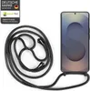 A black smartphone lanyard is displayed next to a smartphone on a white background. Produktbild-Vorschau