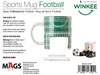 A product shot of a football-themed mug with accompanying accessories, along with product information and branding. Náhľad obrázku produktu