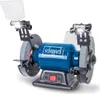 A blue and gray Scheppach bench grinder with two grinding wheels, safety guards, and work lights. Náhľad obrázku produktu