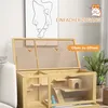 A wooden hamster cage with its lid open, showing the interior and accessories. There is text overlay indicating features. Náhled obrázku produktu