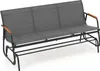 A three-seater glider bench with a dark gray fabric seat and black metal frame, featuring wooden armrests. Produktbild-Vorschau