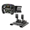 A racing wheel, base, and pedals are displayed against a white background. Produktbild-Vorschau
