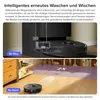 A split image showing a robot vacuum cleaner and its cleaning station in the top panel, and the robot vacuum cleaner on a floor in the bottom panel. Produktbild-Vorschau