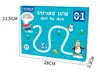 The image shows the front of a product box for a children's learning toy. The box is blue and features cartoon characters and a dotted line path. Podgląd zdjęcia produktu