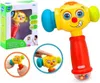 A collage of images showing a colorful toy hammer with a smiling face, its packaging, and close-ups of it being used by children. Voir les images du produit