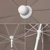 A collage of close-up images showing the details of a brown umbrella, including the top knob, the internal frame, and the pole mechanism. Produktbild-Vorschau