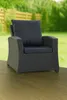 An outdoor chair with cushions on a wooden deck, with a garden in the background. Voir les images du produit