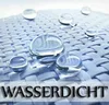 Close-up of water droplets on a blue woven fabric, with the German word for waterproof at the bottom. Produktbild-Vorschau