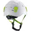 A white safety helmet with green accents and straps, shown against a white background. Produktbild-Vorschau